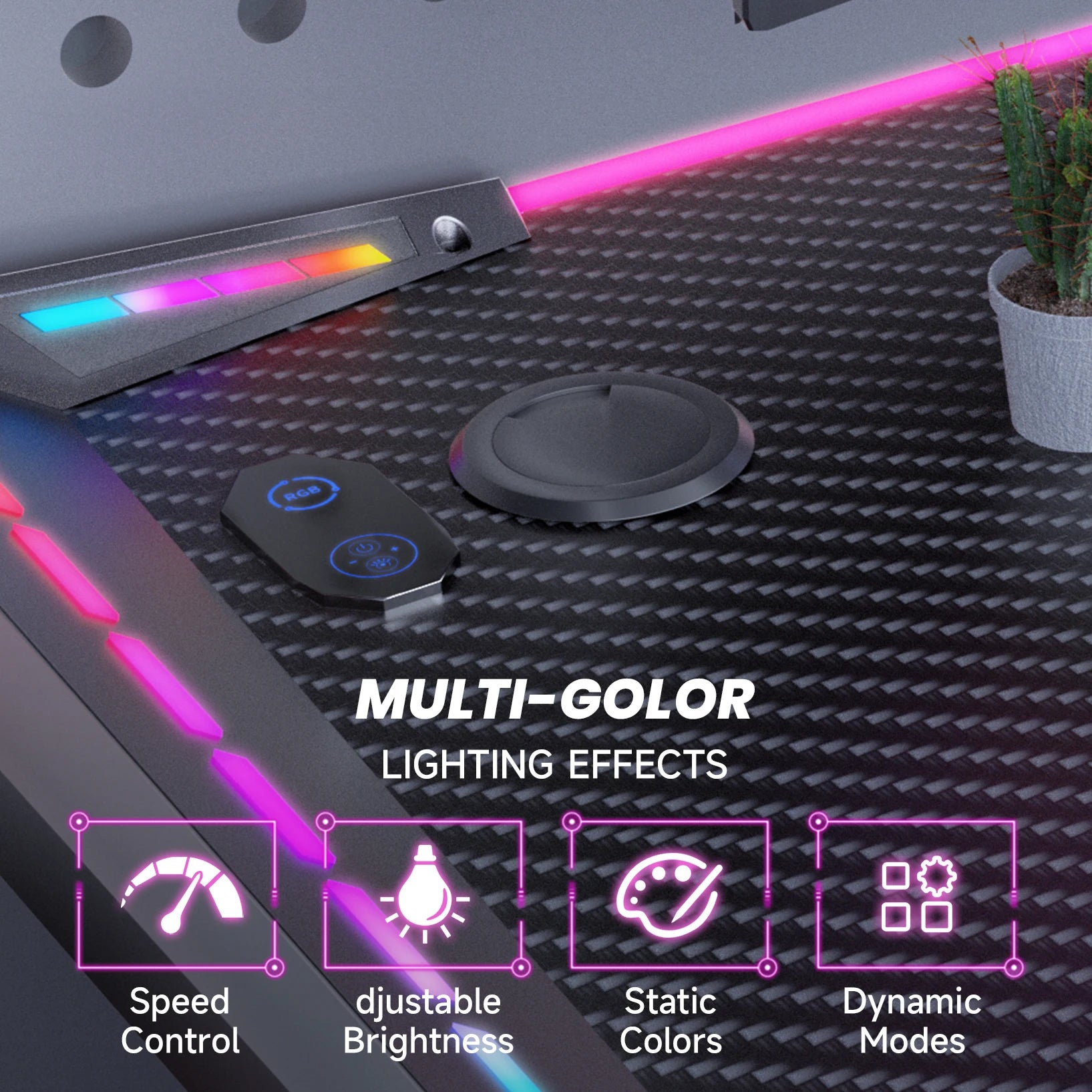 Gaming Desk RGB Lighting Ergonomic Gamer Workstation Ergonomic Carbon Fiber Computer Desk Cup Holder and Headphone Hook