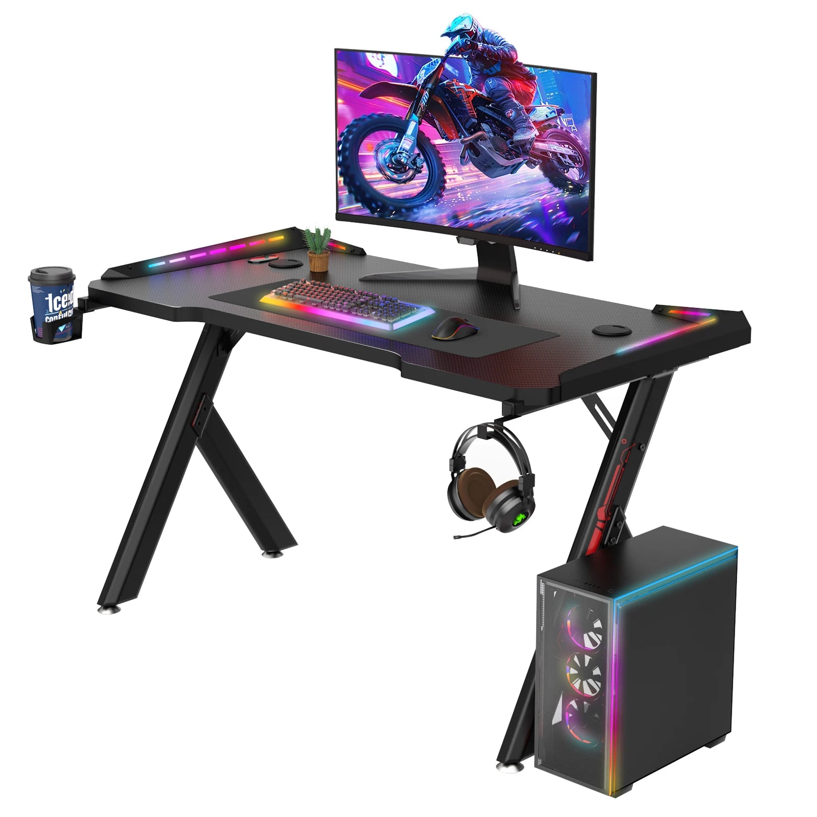 Gaming Desk RGB Lighting Ergonomic Gamer Workstation Ergonomic Carbon Fiber Computer Desk Cup Holder and Headphone Hook