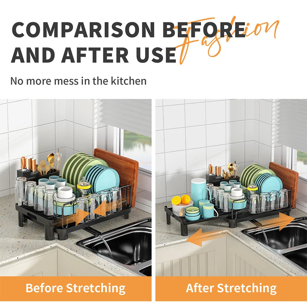 Push-pull Dish Rack Multifunctional Large Capacity Dish Drainer With Cutting Board Cup Holder Space Saving Kitchen