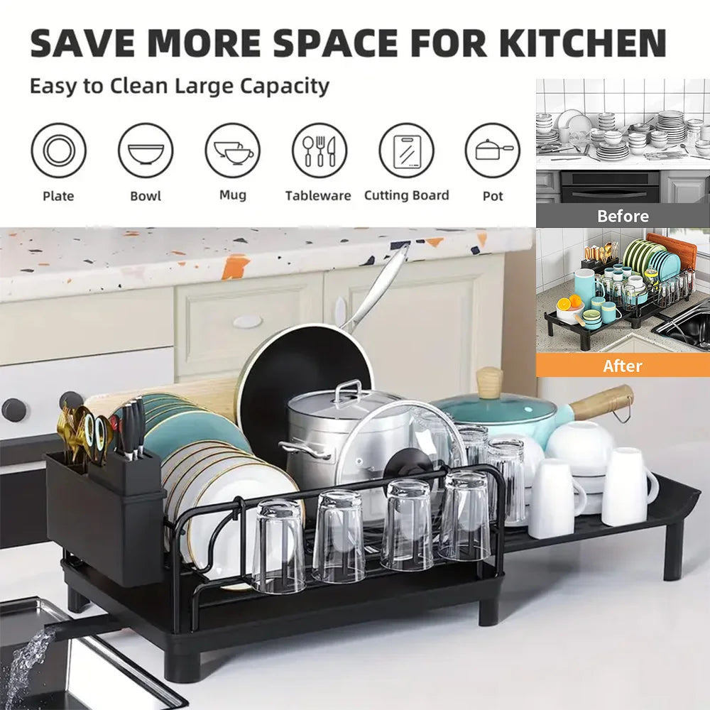 Push-pull Dish Rack Multifunctional Large Capacity Dish Drainer With Cutting Board Cup Holder Space Saving Kitchen