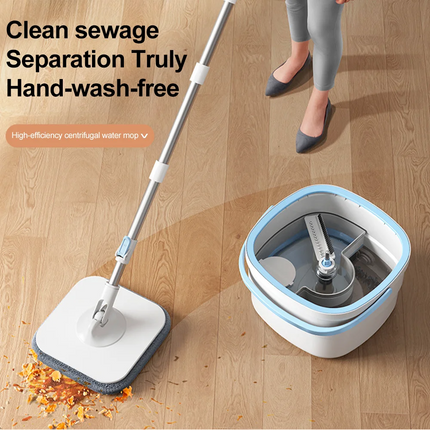 OKEYWOW 360 spin mop bucket with quick squeeze mechanism and absorbent microfiber mop for easy floor cleaning.