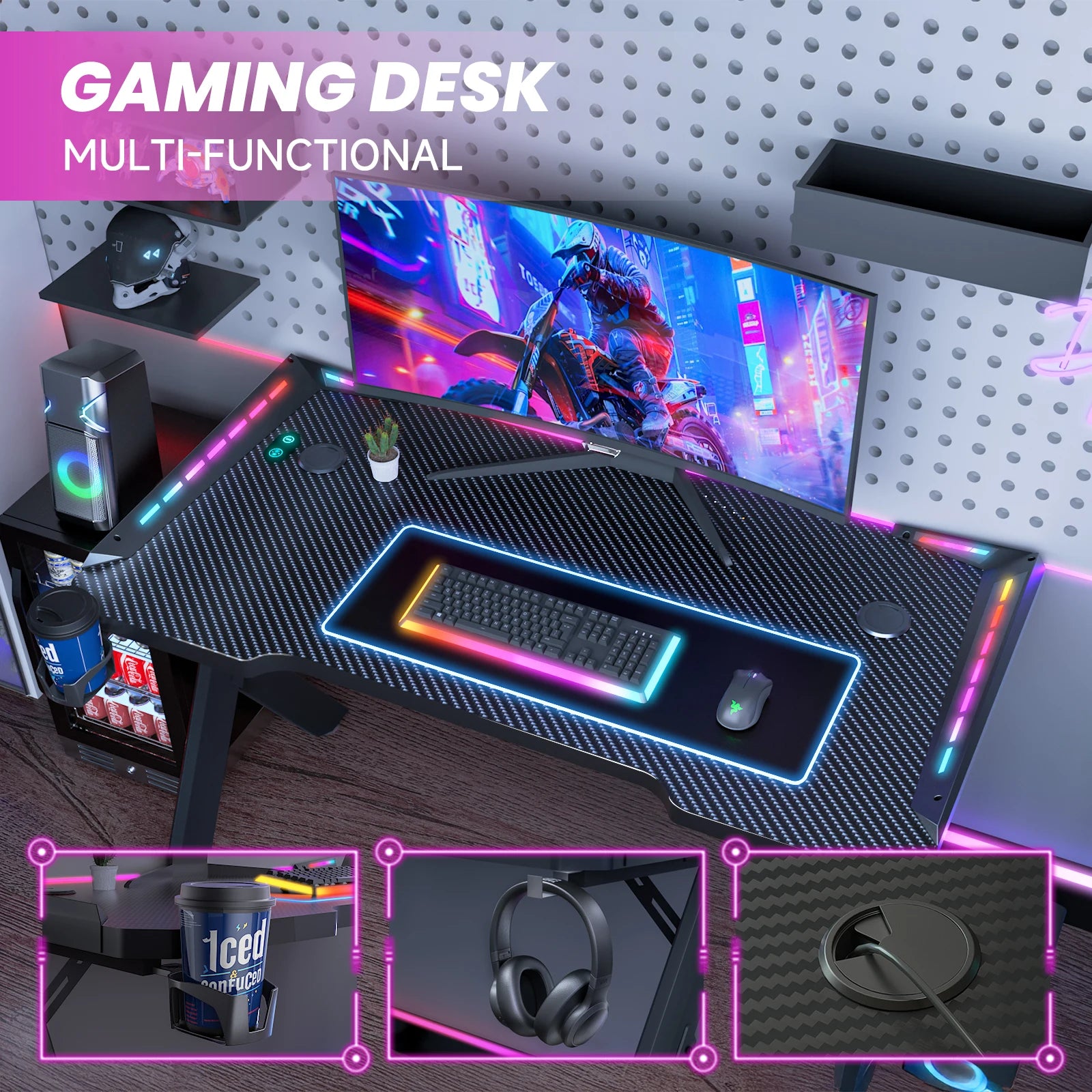 Gaming Desk RGB Lighting Ergonomic Gamer Workstation Ergonomic Carbon Fiber Computer Desk Cup Holder and Headphone Hook