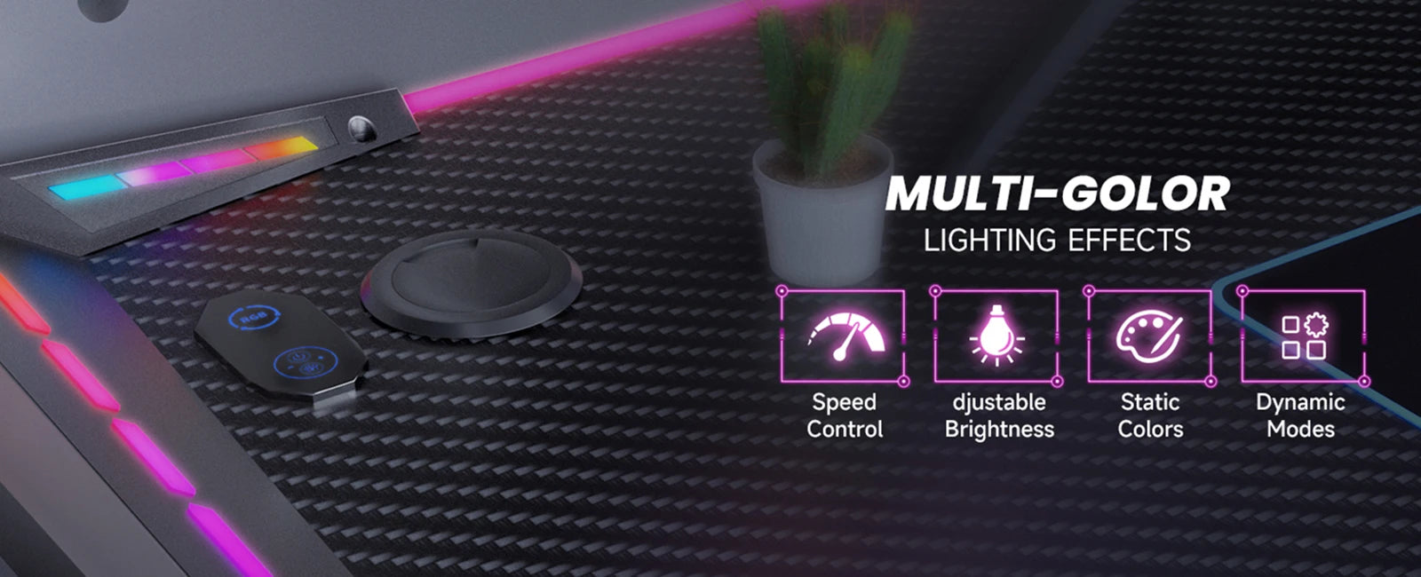 Gaming Desk RGB Lighting Ergonomic Gamer Workstation Ergonomic Carbon Fiber Computer Desk Cup Holder and Headphone Hook