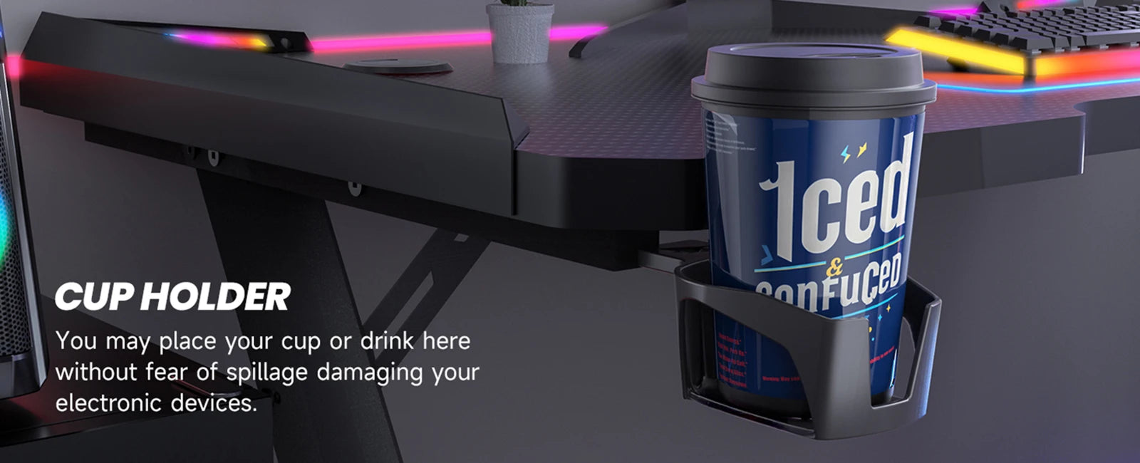 Gaming Desk RGB Lighting Ergonomic Gamer Workstation Ergonomic Carbon Fiber Computer Desk Cup Holder and Headphone Hook