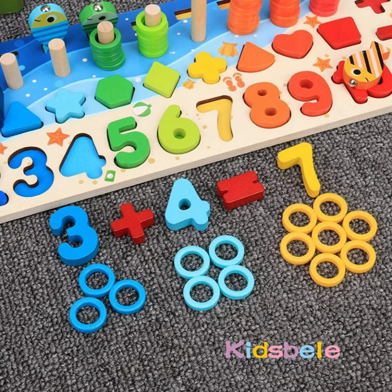 Montessori Math Toys for Toddlers: Educational Wooden Puzzle Fishing Set, Counting, Number, Shape Matching Sorter Board Game Toy