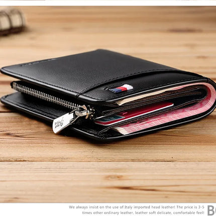 Men’s genuine leather wallet by OKEYWOW featuring a zipper, card slots, and a compact business-style short wallet design.