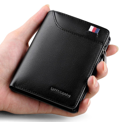 Men’s genuine leather wallet with zipper and card holder, business short style by OKEYWOW, featuring compact and durable design.
