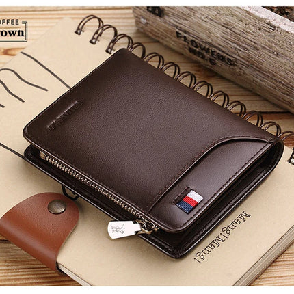 Men’s genuine leather wallet with zipper and card holder by OKEYWOW, compact business short wallet in black leather.