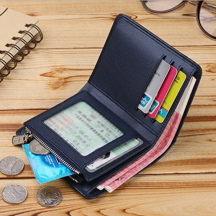 Men's genuine leather zipper wallet by OKEYWOW, featuring a compact card holder and business short wallet design.