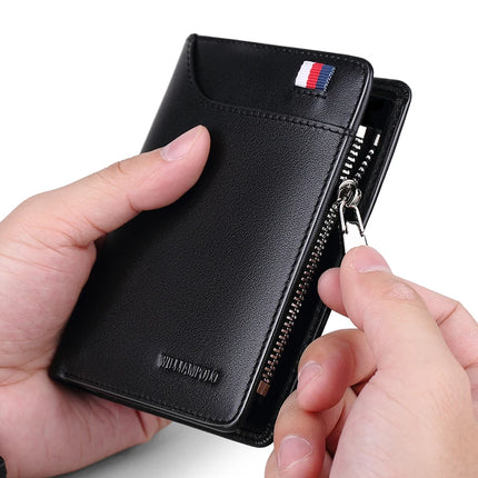 Men’s genuine leather zipper wallet with card slots and compact design, ideal for business and everyday use by OKEYWOW.
