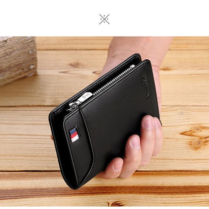 Men’s genuine leather zipper wallet with card holder, compact short design by OKEYWOW, perfect for business and everyday use.