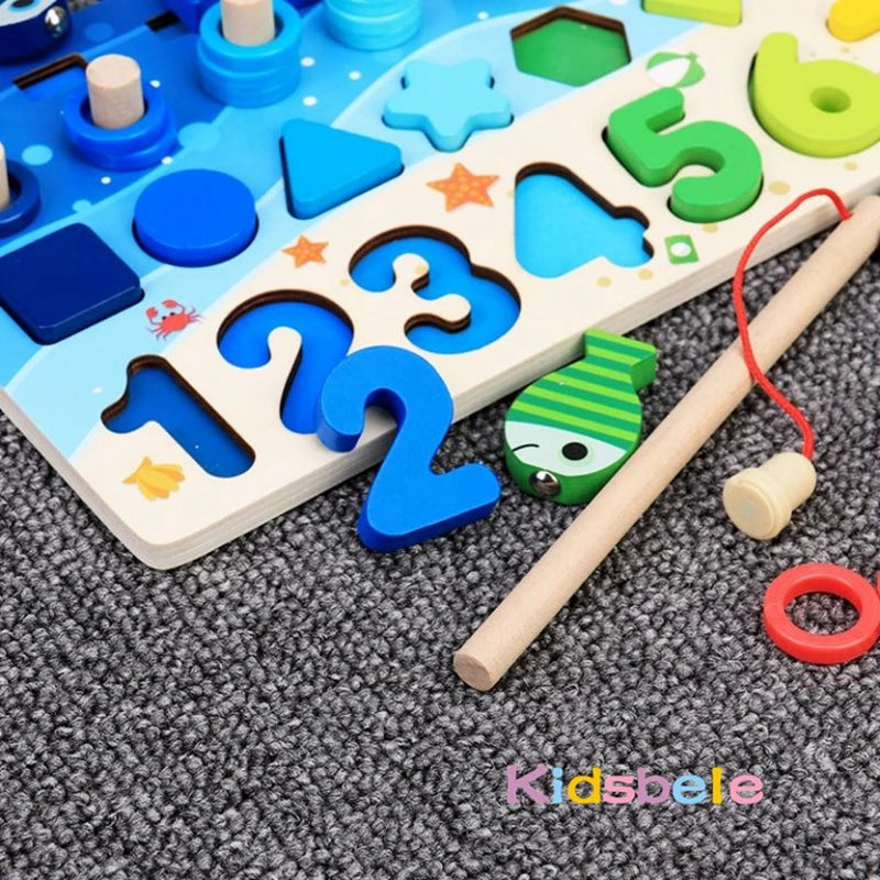 Montessori Math Toys for Toddlers: Educational Wooden Puzzle Fishing Set, Counting, Number, Shape Matching Sorter Board Game Toy