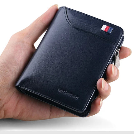Men’s genuine leather zipper card holder wallet by OKEYWOW, compact short design with multiple card slots and secure zipper closure.