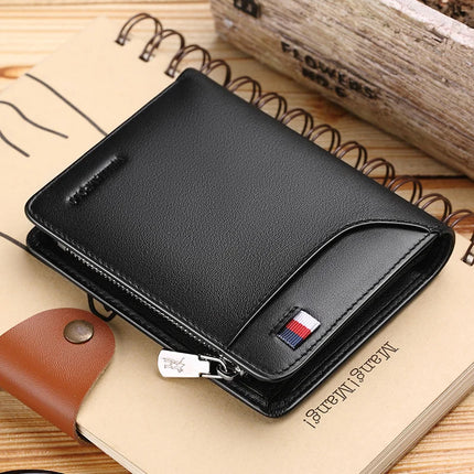 Men’s genuine leather wallet with zipper, card holder, and business-style short design by OKEYWOW.
