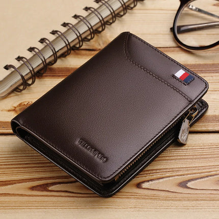 Men’s genuine leather zipper card holder wallet by OKEYWOW, featuring a compact, business-style design with multiple card slots.