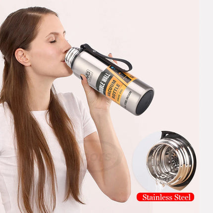 OkeyWOW UPORS stainless steel thermos flask with large capacity, vacuum-insulated tumbler in 500ml to 1500ml sizes, showing sleek design.