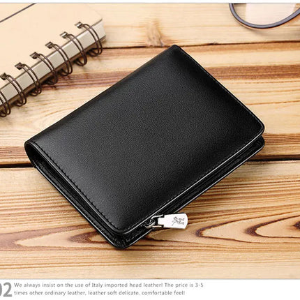 Men’s genuine leather zippered wallet with card slots, compact business short wallet by OKEYWOW, stylish and durable for everyday use.