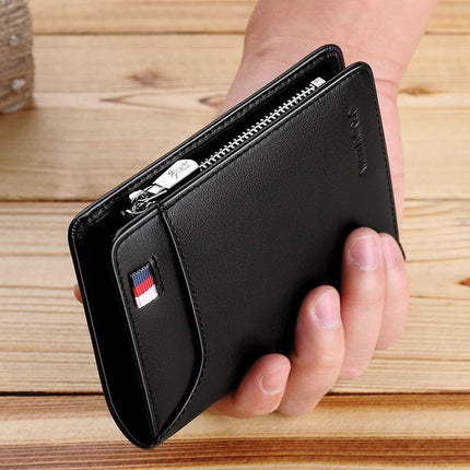 Men's genuine leather zipper wallet with card holder, compact short wallet by OKEYWOW, ideal for business and everyday use.