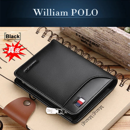 Men’s genuine leather wallet by OKEYWOW featuring a zipper, card holder, and compact business short wallet design.