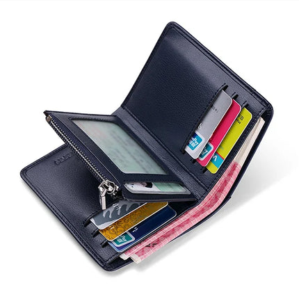 Men's genuine leather wallet by OKEYWOW featuring a zipper, card slots, and a sleek business-style short wallet design.