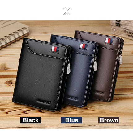 Men’s genuine leather zipper card holder wallet by OKEYWOW, featuring a compact business short wallet design with multiple card slots.