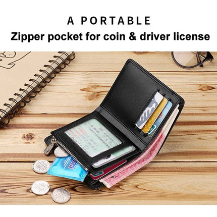 Men’s genuine leather wallet with zipper card holder, compact short design by OKEYWOW for business and everyday use.