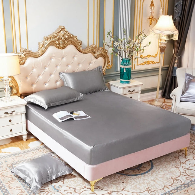 Pink satin rayon fitted sheet with elastic edges, solid color bedding cover from OKEYWOW for home or hotel use.
