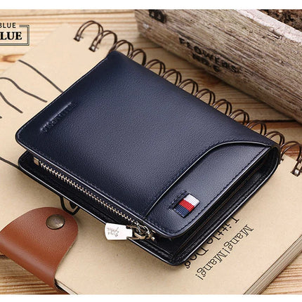 Men’s genuine leather zipper card holder wallet by OKEYWOW, featuring a compact business short wallet design.
