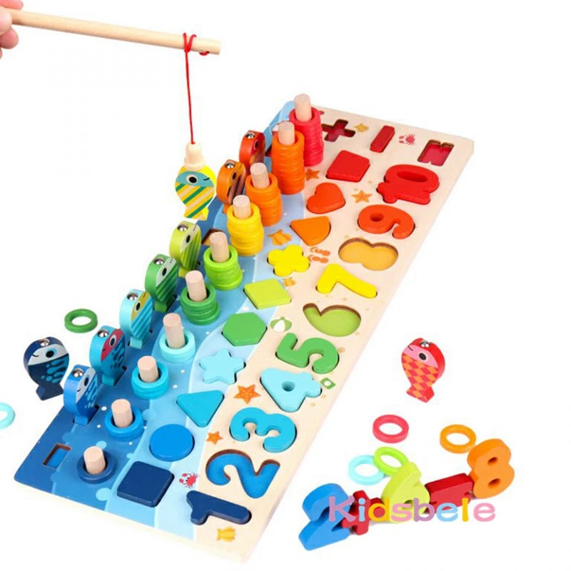 Montessori Math Toys for Toddlers: Educational Wooden Puzzle Fishing Set, Counting, Number, Shape Matching Sorter Board Game Toy