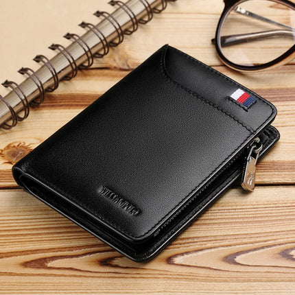 Men’s genuine leather wallet with zipper and card holder, compact short design by OKEYWOW, perfect for business and everyday use.