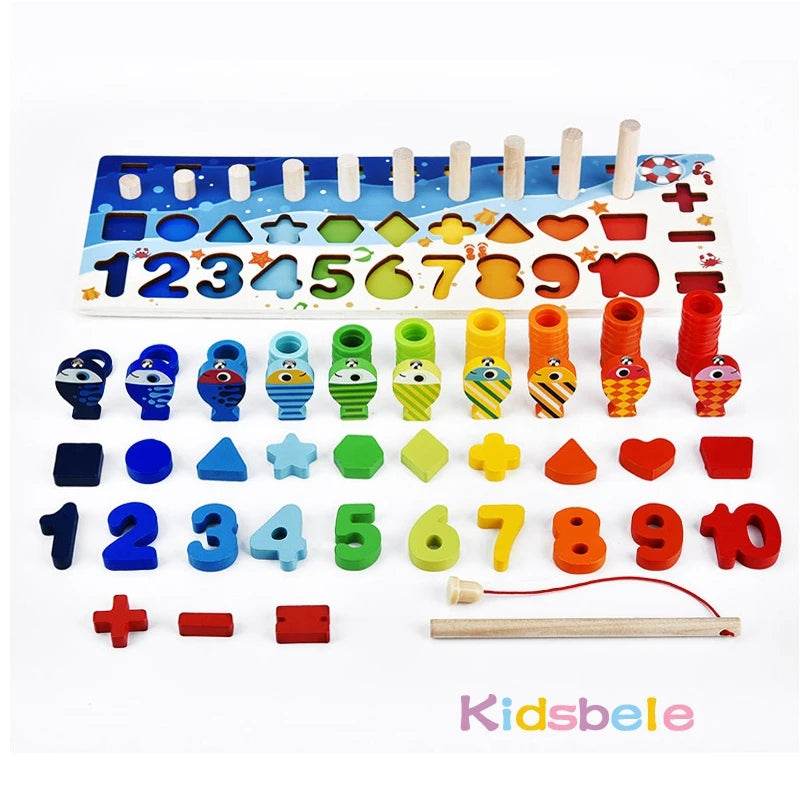 Montessori Math Toys for Toddlers: Educational Wooden Puzzle Fishing Set, Counting, Number, Shape Matching Sorter Board Game Toy