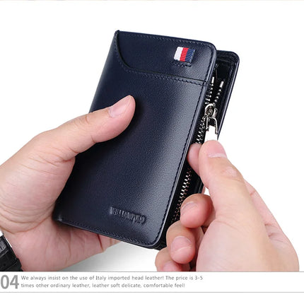 Men’s genuine leather zipper card holder wallet by OKEYWOW, featuring a sleek short design with multiple card slots.