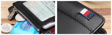Men’s genuine leather zipper wallet and card holder by OKEYWOW, featuring a compact business short wallet design.