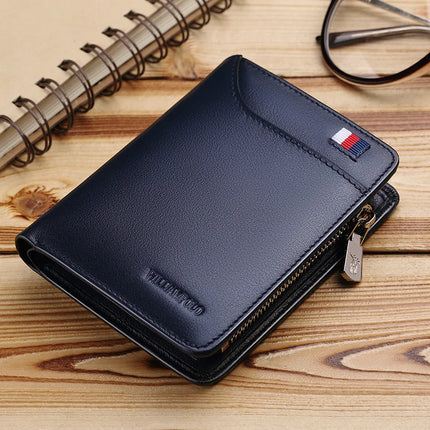 Men’s genuine leather zipper wallet by OKEYWOW, featuring a compact business card holder design with multiple card slots.