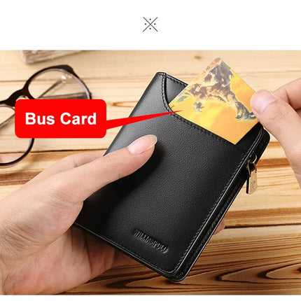 Men’s genuine leather wallet with zipper and card holder, compact short wallet by OKEYWOW, ideal for business and everyday use.