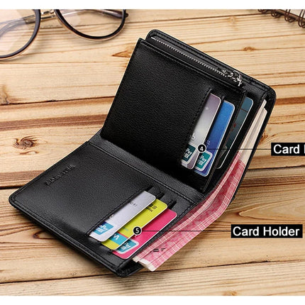 Men’s genuine leather zipper wallet with card holder and compact design by OKEYWOW, ideal for business and daily use