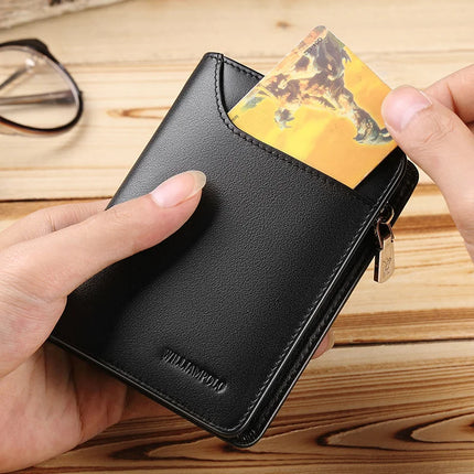 Men’s genuine leather zipper wallet with card holder and compact design, by OKEYWOW, suitable for business and everyday use.