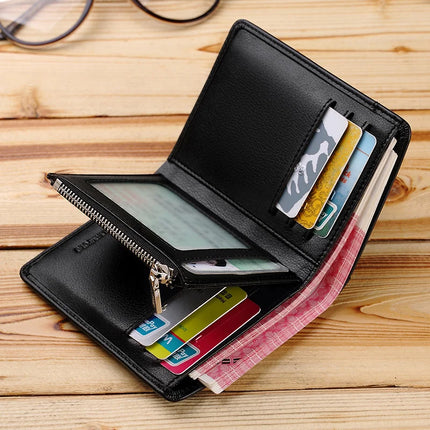 Men’s genuine leather zipper card holder wallet by OKEYWOW, featuring a compact business-style design with multiple card slots.