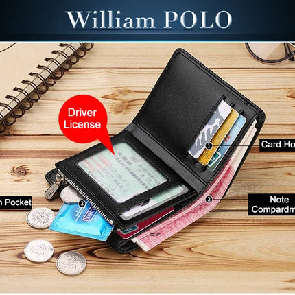 Men’s genuine leather zipper wallet with card holder, compact short business wallet by OKEYWOW with multiple card slots.