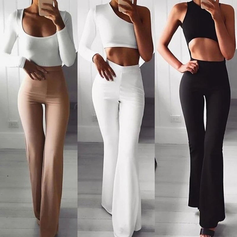 Summer Autumn Solid Elegant Female Lady Women's Palazzo Flared Wide Killer Legs Pants High Waist OL Ladies Career Long Trousers