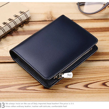 Men’s genuine leather zipper wallet by OKEYWOW, featuring a compact design with card slots and a secure zipper closure.