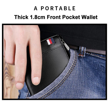 Men’s genuine leather zipper wallet with card slots, compact business-style short wallet by OKEYWOW, shown with open compartments.