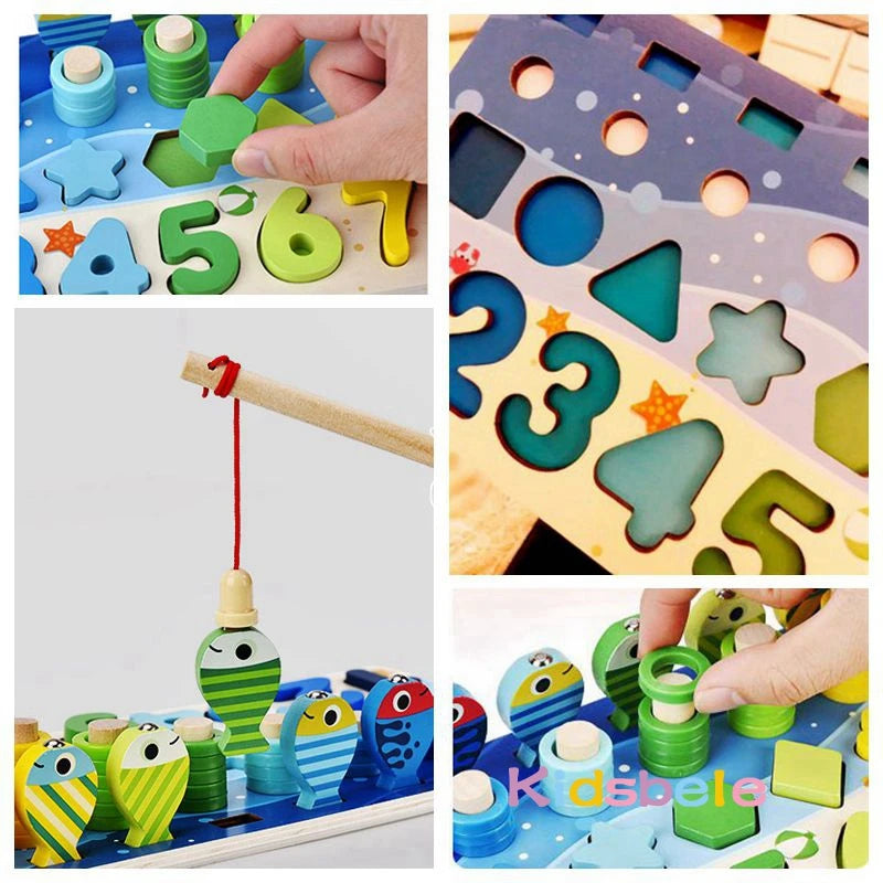 Montessori Math Toys for Toddlers: Educational Wooden Puzzle Fishing Set, Counting, Number, Shape Matching Sorter Board Game Toy