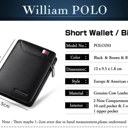 Men’s genuine leather zippered wallet with card holder, compact short business wallet by OKEYWOW, showcasing its sleek design and durable material.