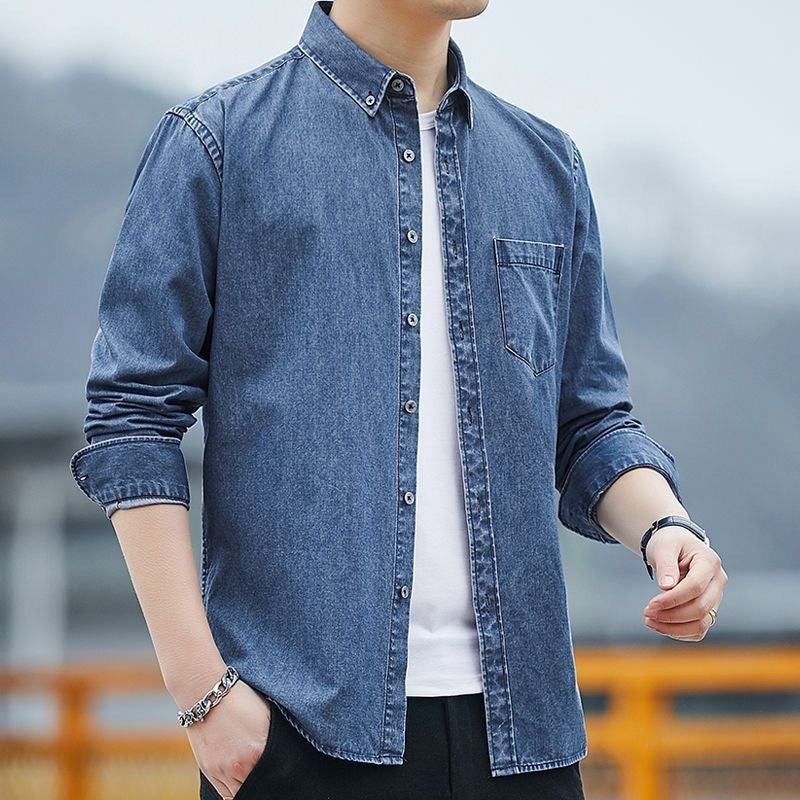 Men's Cotton Denim Thick Coat Long Sleeve Shirt Loose Casual Shirt