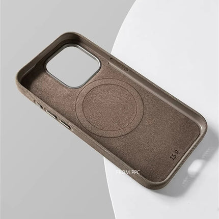 OKEYWOW iPhone 15/16/17 Pro Max flannel magnetic MagSafe case with matte finish and microfiber back for wireless charging protection.