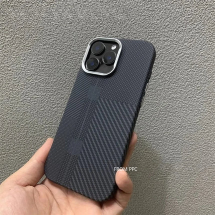 OKEYWOW carbon fiber plaid MagSafe case for iPhone 15/16/17 Pro Max with magnetic charging and camera protection, hard cover design