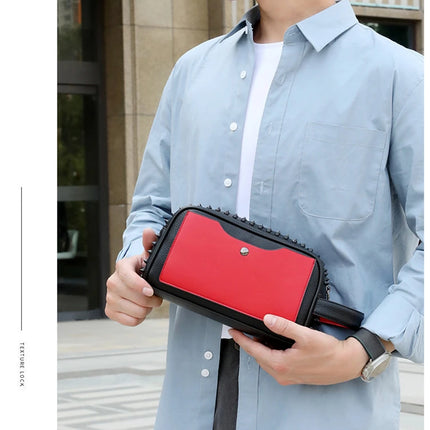 Men's PU leather rivet clutch bag with cyberpunk style, waist wallet, strap, and money purse by OKEYWOW.