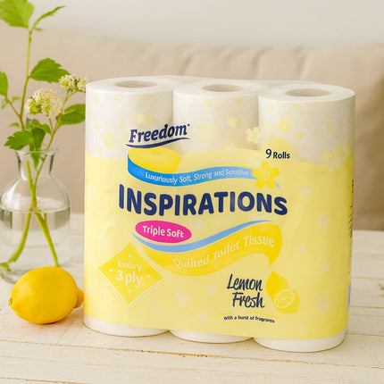 Okeywow Freedom Quilted Lemon Scent 3-Ply Toilet Tissue 9 Pack soft bathroom rolls with luxurious feel