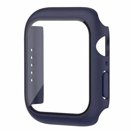 OKEYWOW Apple Watch tempered glass bumper case and screen protector for Series 9 to 4, 44mm to 38mm sizes, black color.